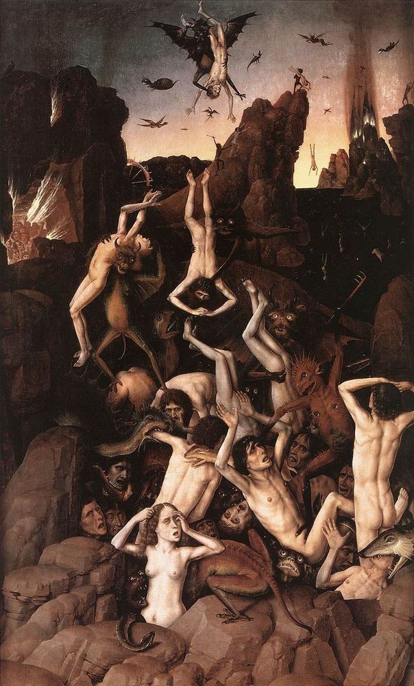 Panel from the Triptych of the Last Judgement. An oil on panel painting by the Early Netherlandish painter Dieric Bouts, completed in 1470. It was produced as the rightmost section of a triptych of a Last Judgment scene commissioned for the town hall of Louvain, Belgium, in 1468. The central panel of the triptych is lost, but the left side panel (or shutter), the Ascension of the Elect, survives along with the Fall of the Damned. The set of images would have drawn narrative inspiration from Genesis 2:10, the Book of Revelation and from the Purgatory of St Patrick, a 14th-century Irish manuscript by Berol telling of Sir Owein's legendary trip to Purgatory. The Fall has been on permanent loan from the Louvre to the Palais des Beaux-Arts de Lille, where it has been reunited with the Ascension since 1957.