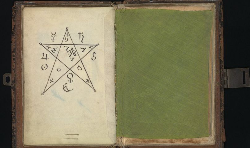 Book. The first leaf is folding. On vellum. Brown velvet binding over wooden boards, rubbed: within gilt stamped leather covers with brass clasp. "Clavis Inferni sive magia alba et nigra approbata Metratona". Illustrated by drawings in gold and colours of magical figures, sigils, diagrams, etc. The date is given as 'MCCCCCCLLXVII' [? 1717], but the script seems to be of the late 18th cent.