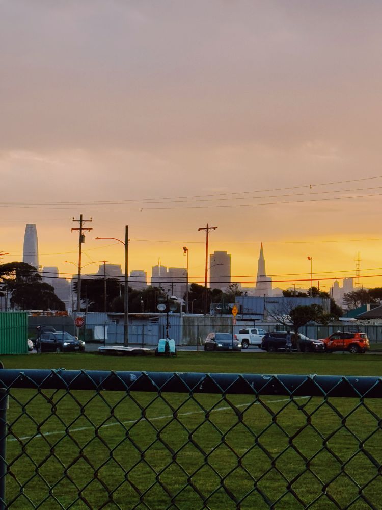 San Francisco skyline at sunset from the rugby pitch