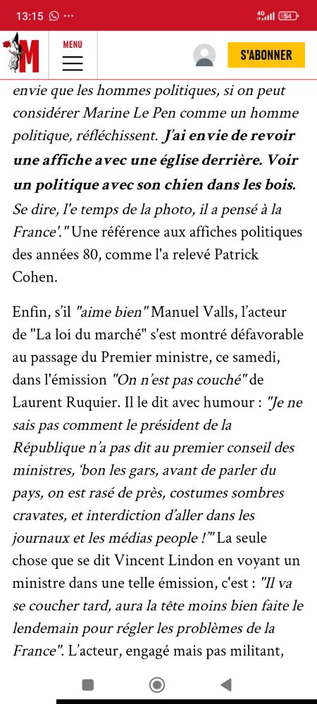 Article de Marianne, de 2016 où Lindon dit bien aimer M Valls...