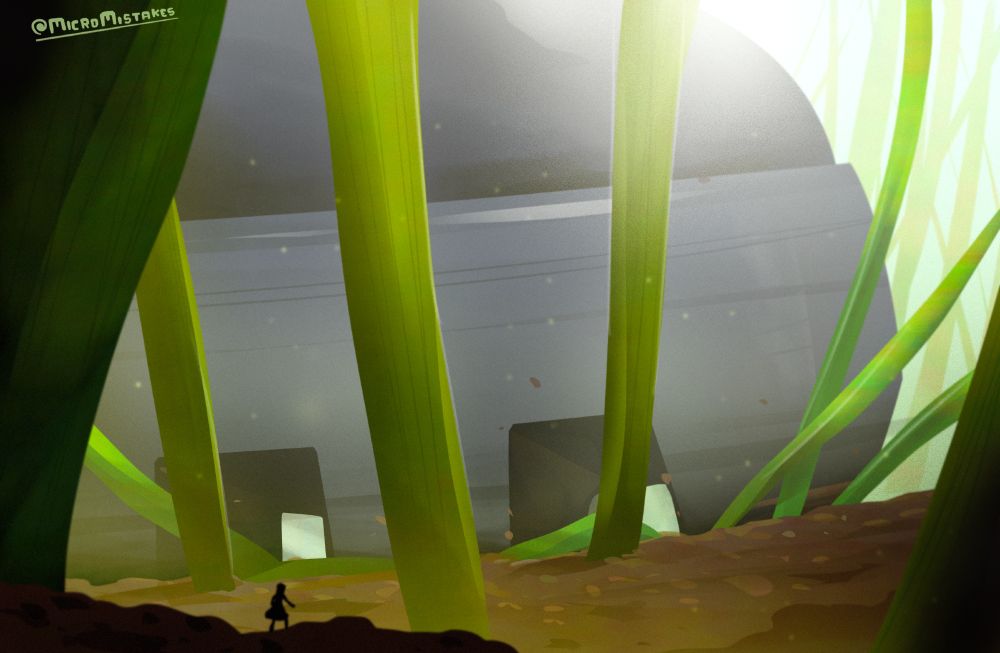A tiny figure standing beneath large blades of grass.
In the distance, a massive boot like a mountain stands over crumbled grass stalks...