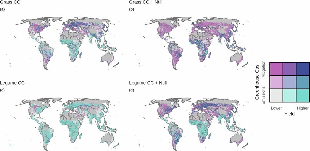 Four panel map of GHG and crop yield responses to natural climate solutions on croplands. Corresponds to Extended Data Figure 3 in the paper. Colors indicate lower, no difference, or higher yields and emissions, no difference, or GHG mitigation. For quantitative results, see Extended Data Fig. 1. Panels are Grass CC (a,), Grass CC + Ntill (b), Legume CC (c), and Legume CC + Ntill (d). Scenario: cover crop (CC); and, no-tillage (Ntill). Base map data in a–d from The World Bank under a Creative Commons license CC BY 4.0.