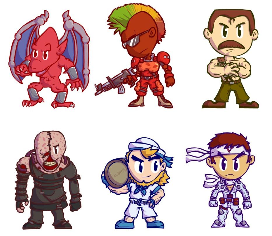 Desenhos chibis do Red Arremer (demon's crest), Unknown Warrior (Forgotten Worlds), Mike Haggar (Final Fight), Nemesis (Resident Evil), Momotaro (Pirate Ship Higemaru), Jin Saotome (Cyberbots)