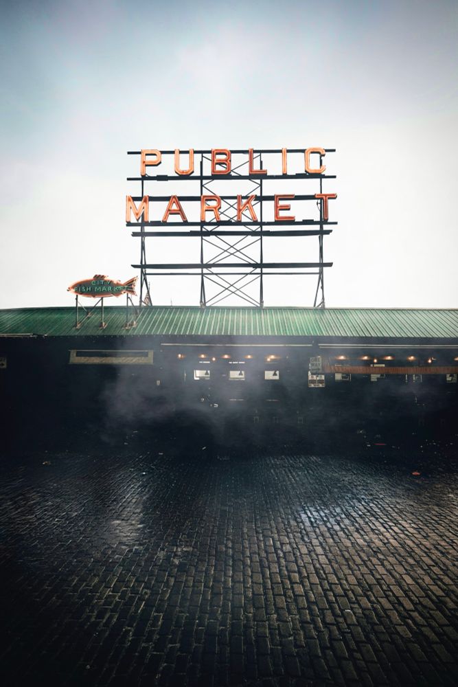 Street-level shot of misty conditions at Pike Place Market after the rain cleared.