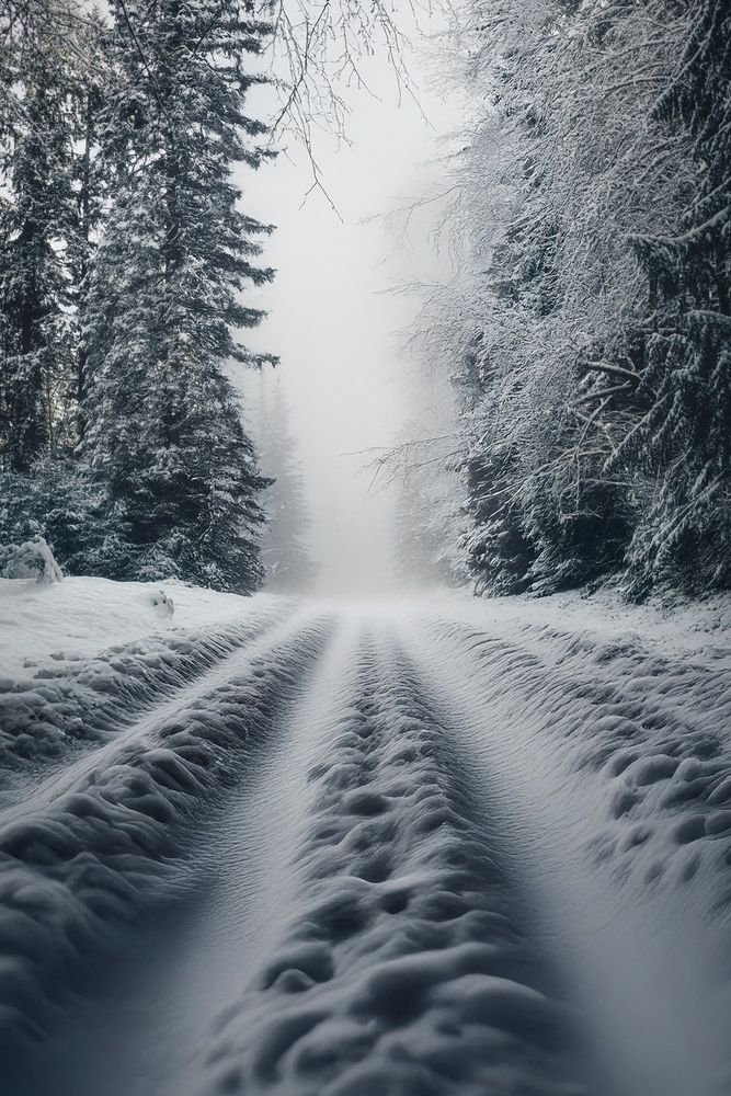 Snow-covered forest road with deep tire tracks disappearing into deep haze on Bainbridge.