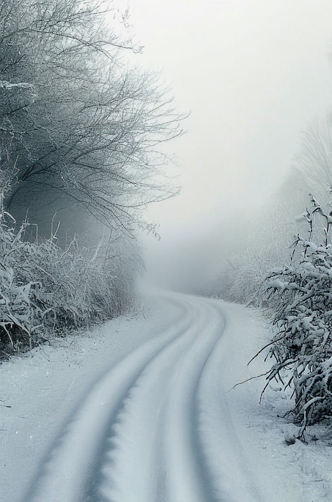 Tire tracks carve a narrow path through a wintry Bainbridge forest.