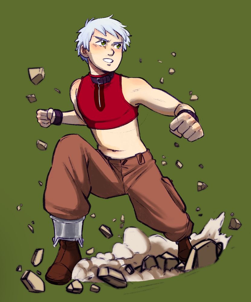 Full color sketch of Agito from Origin: Spirits of the Past aka Silver Haired Agito. He’s just landed after jumping down from a height tall enough to create a small impact crater below him. His landing kicks up some debris and small rocks. His fists are clenched and he is ready for battle 