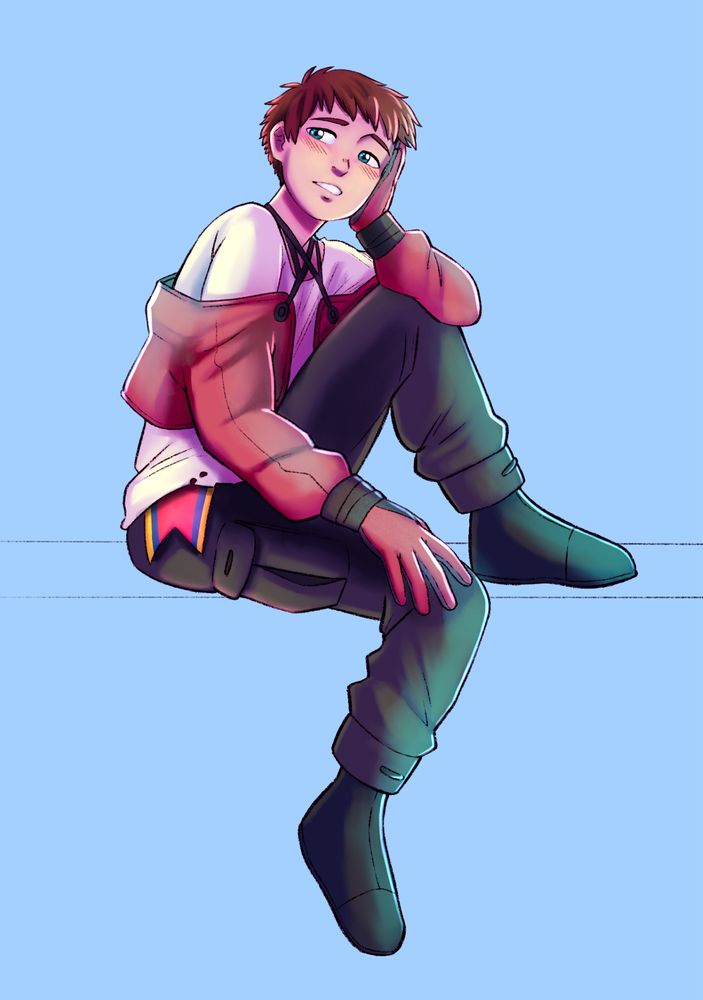 Full color art of Agito, a trans man, in his brown haired appearance with his Neutral City shirt and pants before he becomes enhanced. He’s sitting with one leg pulled up towards his chest with his arm resting on the leg with his hand resting against his cheek. He looks bored and a little discontent. His body language curls in on himself to reinforce this. Character is from the movie Origin: Spirits of the Past 