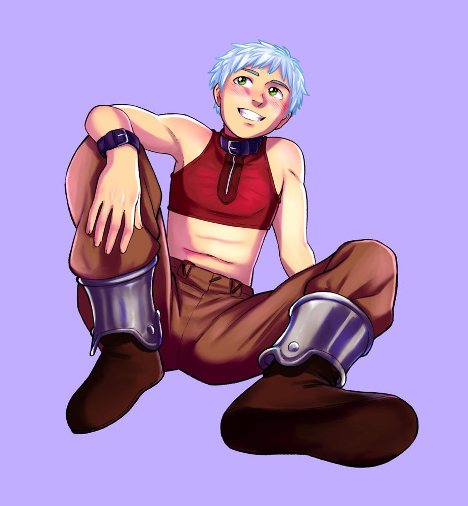 Full color art of Agito, a trans man, after he’s gained his Enhanced abilities. His hair is now silver and his eyes are green and his red crop top mimics the appearance of a binder. He’s fully clothed with his arms and stomach exposed, looking comfortable and confident. He wears a dark purple dog collar and matching arm cuffs. Character is from the movie Origin: Spirits of the Past 