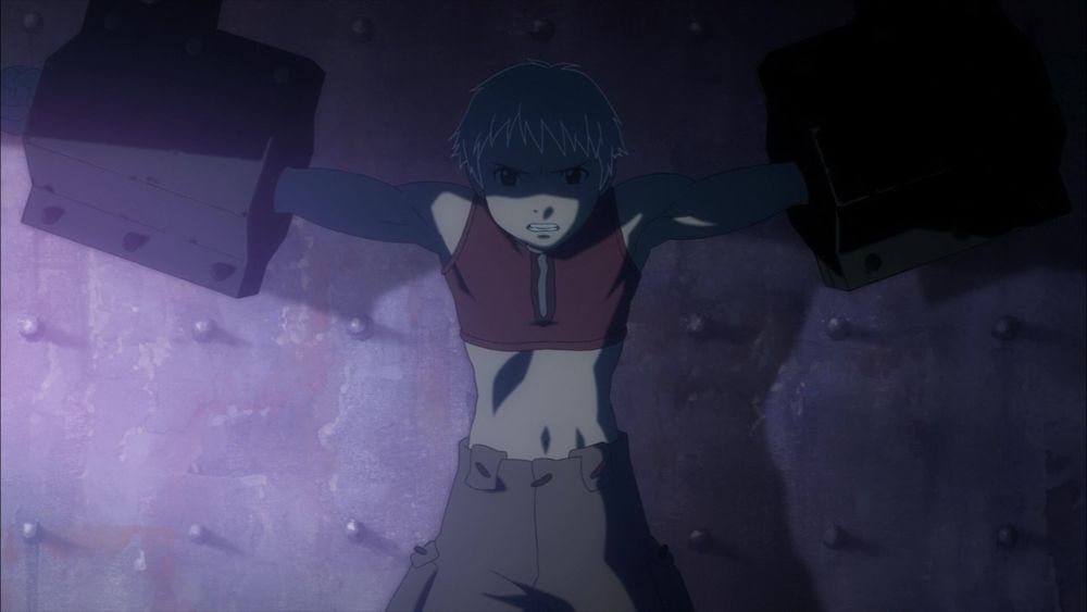 A screenshot of Agito from origin: spirits of the past chained to the wall with huge shackles 