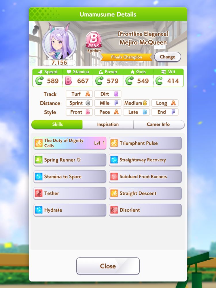 Final stats page for Mejiro McQueen in Umamusume