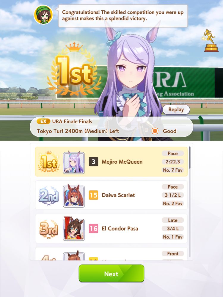 Results screen of the URA Finale Finals race in Umamusume showing first place for Mejiro McQueen