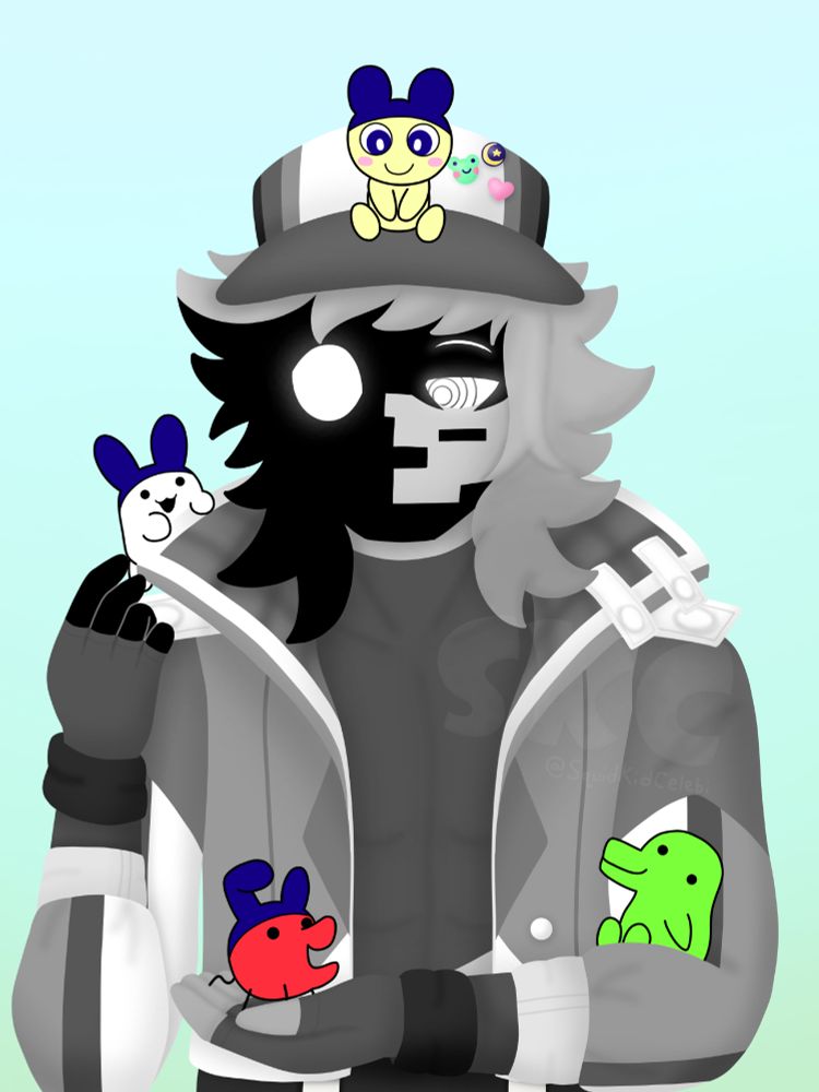 Mixed lined and lineless digital artwork of Tama (a character created by Nijiomi on Twitter/Tumblr) set against a blue gradient background. They wear a calm expression as they look at several Tamagotchi characters sitting on them: one on their hat, one on their shoulder, one in the crook of their elbow, and another held in the palm of their hand. 