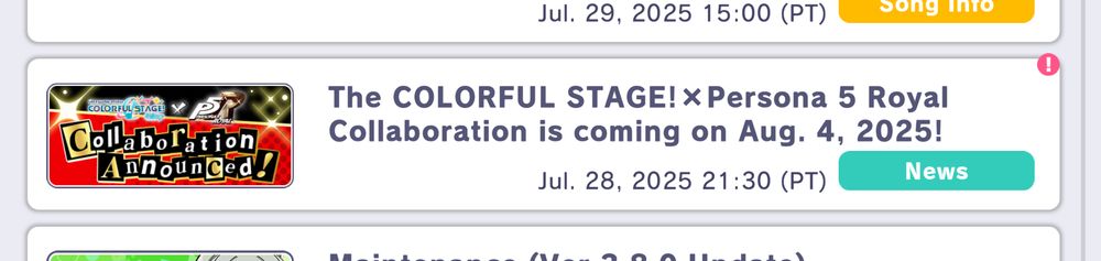 Screenshot of a news post in Project Sekai for a Persona 5 collaboration