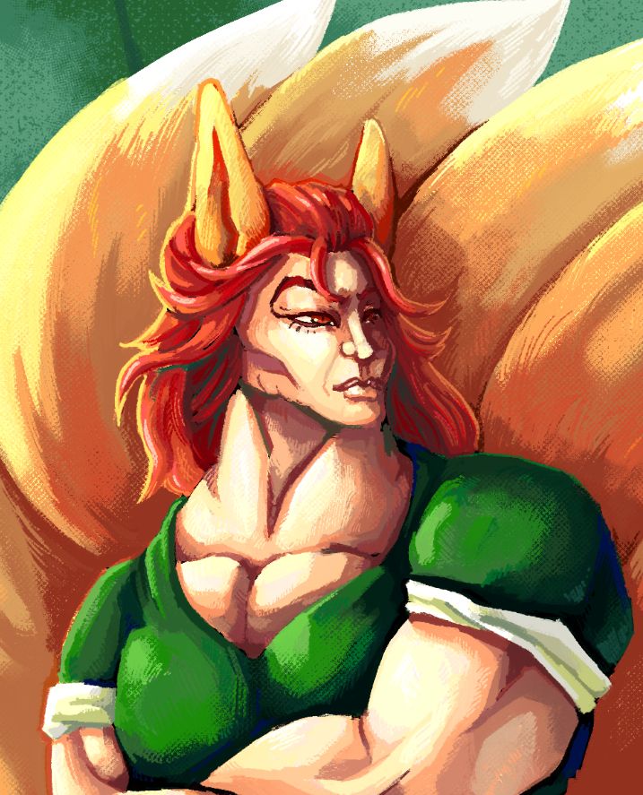 A close up of the image from the previous slide. It portrays Yujiro Hanma as seen in a popular Udon noodle add, with fox ears and tails.