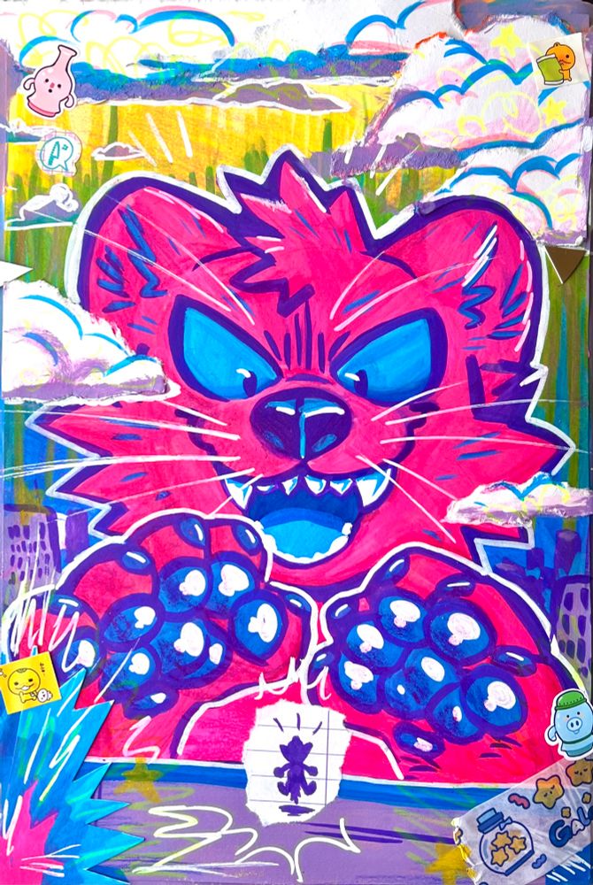 A giant pink marten looms over a building with his paws up. There is a little guy on the roof looking up at him. There is fire and clouds around them. It is in a scrapbook style.