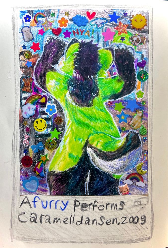 A redraw of an image from a Wikipedia page. The image is of a green fursuiters turned away from the camera doing the iconic caramelldansen dance. It is drawn in crayon and surrounded in stickers, there is a caption that says “a furry performs caramelldansen, 2009”