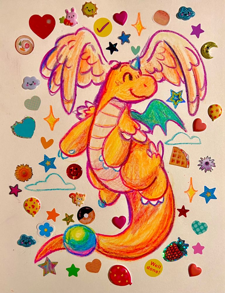 A crayon illustration of mega dragonite from Pokemon, he is looking the the right smiling. He is orange and pear shaped with large fluffy wings on his head and small teal wings on his back, his shoulders and feet are feathered and has a large pearl on his tail. There are stickers surrounding him