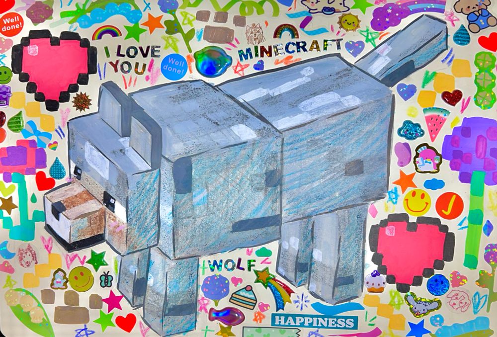 A traditional drawing of a grey Minecraft wolf. He is drawn in paint and crayons. There are pixel hearts around him and flowers. There are stickers decorating the page and the words I love you Minecraft wolf in stickers