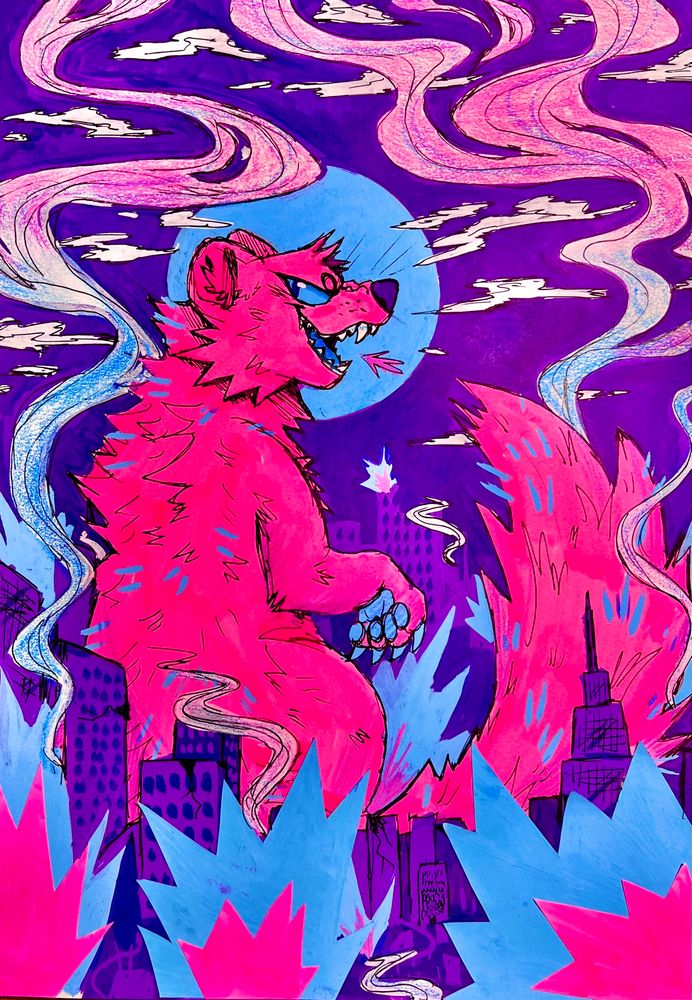 A giant pink marten in a purple monochrome town, it has been destroyed and there is blue and pink fire with plumes of smoke. He is against a purple sky the a large blue moon silhouetting his head as he opens his mouth and a little flame comes out.
