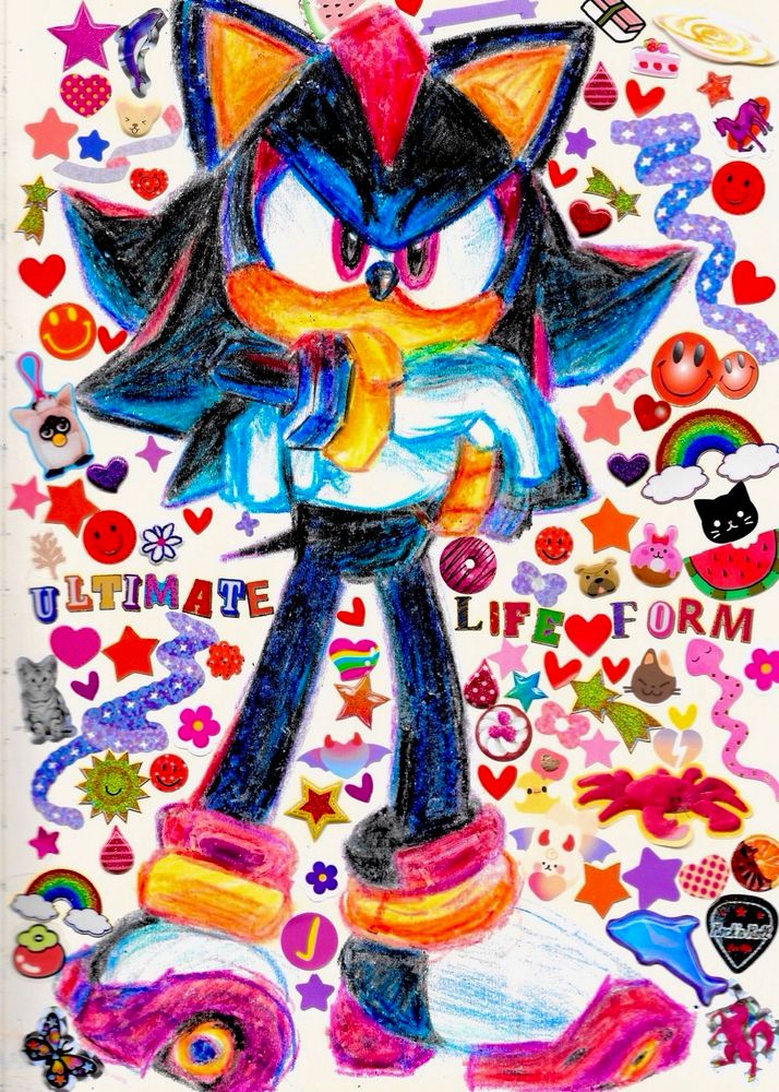 A crayon illustration of a sonic adventure 2 shadow render. His arms are crossed and he’s looking at the viewer angrily in a low poly style. He is surrounded by an assortment of stickers giving a nostalgic kidcore look. The words ultimate life form are written is mismatched letters in the middle. 