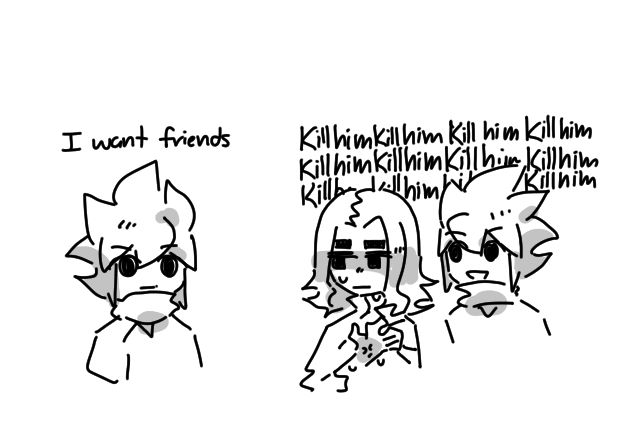 Digital doodle of Haru and Unmei. Haru is sitting there staring off and thinking “I want friends.” Unmei is staring at Haru clutching his own chest as a Haru tulpa says “kill him” over and over into his ear.