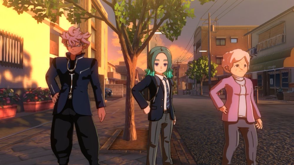 Inazuma Eleven Victory Road photo mode picture of Unmei, Sakurazaki, and an old lady posing together with their hands on their hips