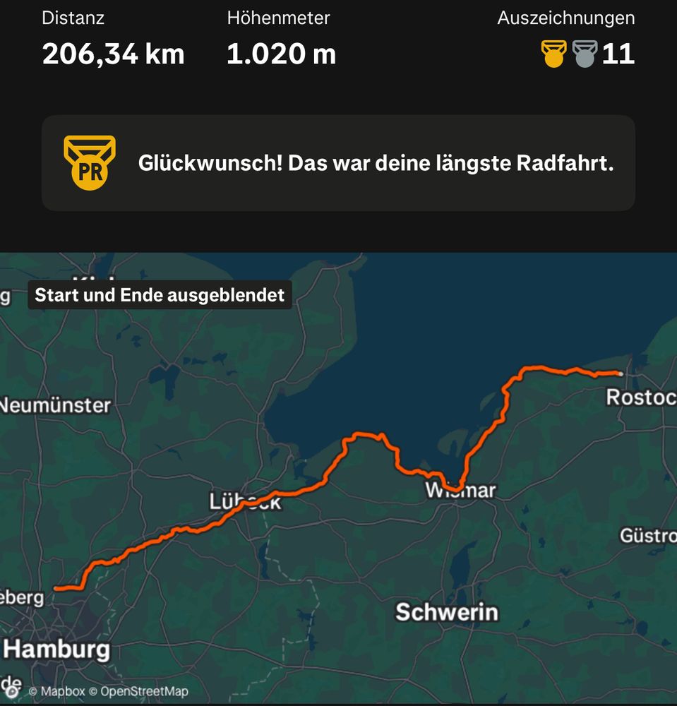 Screenshot von Strava mit der Route zwischen Hamburg und Rostock 
