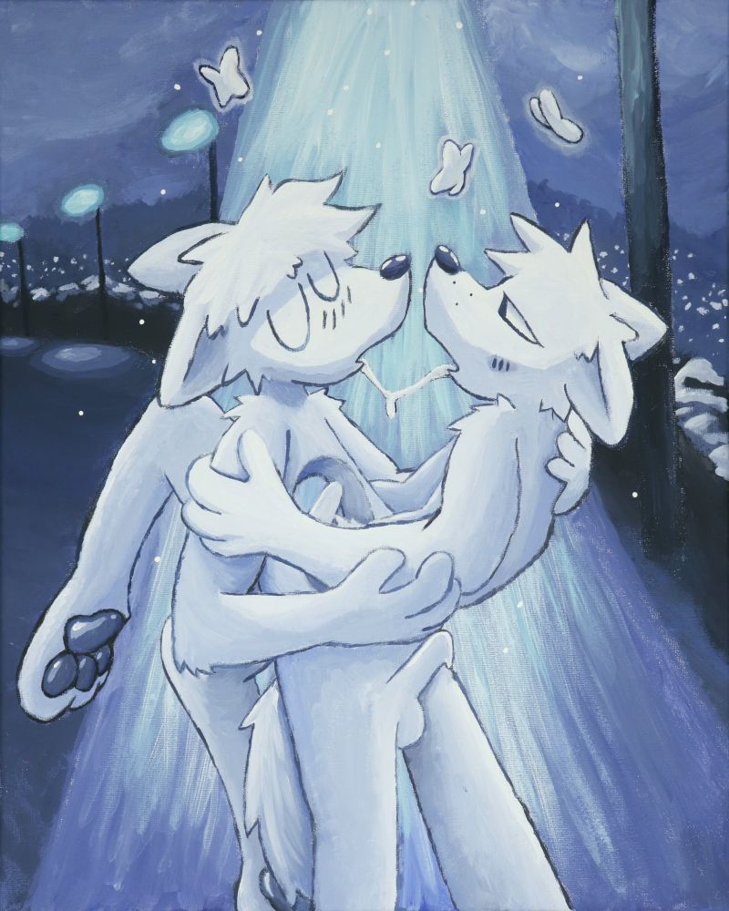dog with large hole in chest warmly embraces their other, who's lying their body through the hole and both are making out. butterflies gather above in a cold winter walkway near a town