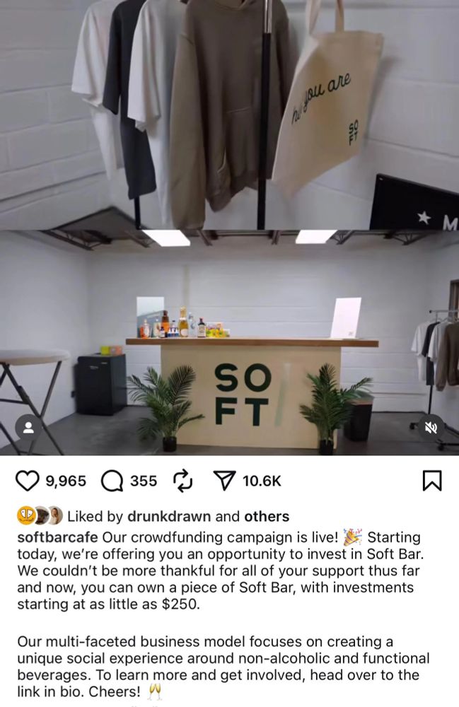 Carl radke's instagram post for soft bar saying people can invest $250 to own a piece of it