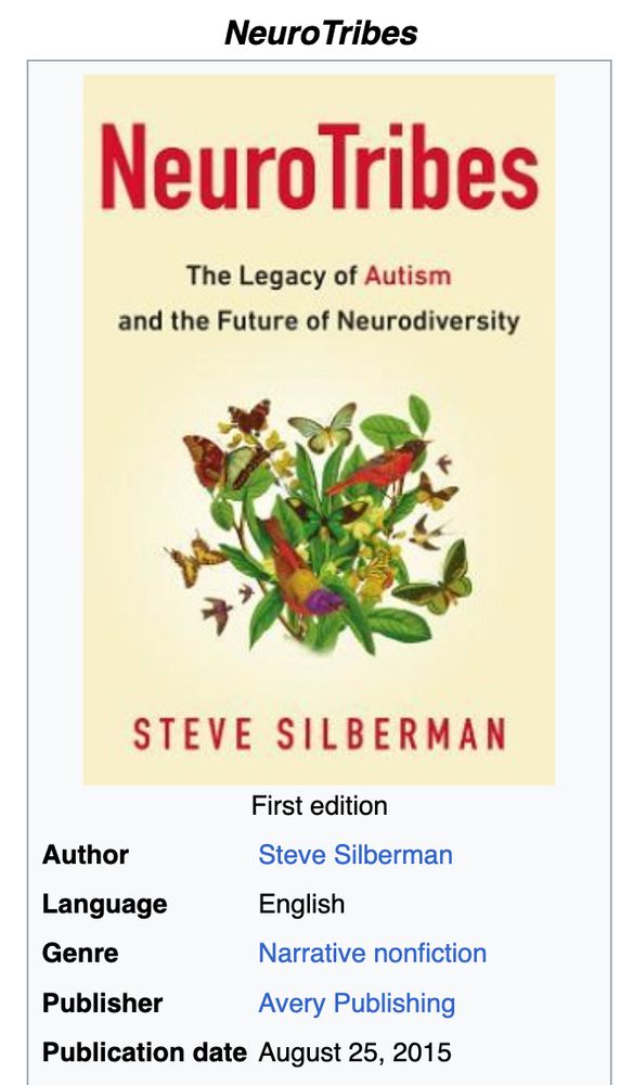 From Wikipedia, the cover of NeuroTribes: The Legacy of Autism and the Future of Neurodiversity, by Steve Silberman. Author: Steve Silberman Language: English Genre: Narrative nonfiction Publisher: Avery Publishing Publication date: August 25, 2015