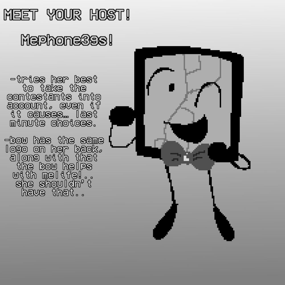 A pixelated drawing of Mephone3gs. She’s wearing a bow with a pixel meeple logo on it. Text next to her says “MEET YOUR  HOST! MEPHONE3GS!” “-tries her best to take the contestants into account, even if it causes last minute choices.” “Bow has the same logo on her back, along with that the bow helps with melife! .. she should have that.”