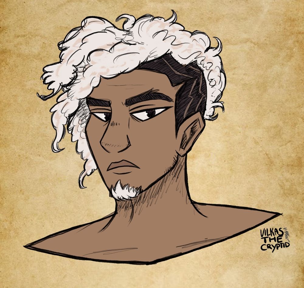 Guy with white curly hair and a side shave hairstyle 