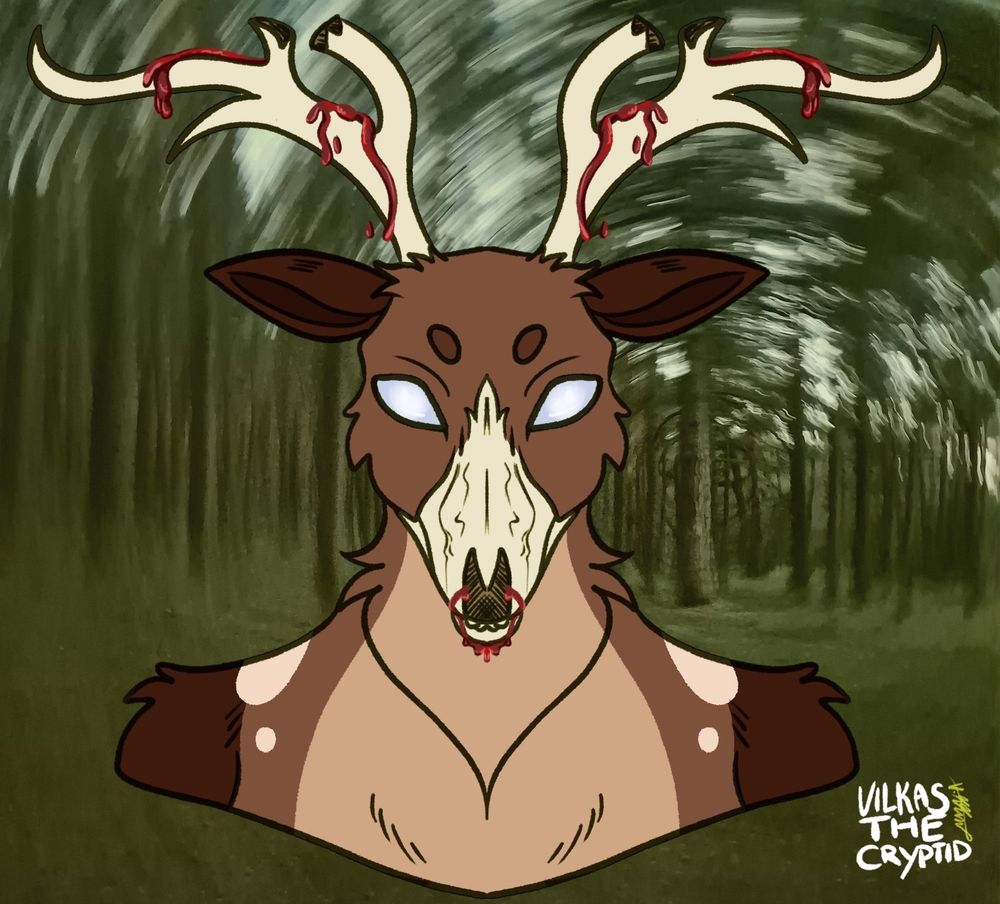 Half exposed skull deer creature (Not-Deer inspired), blood dripping from antlers and the "nose"