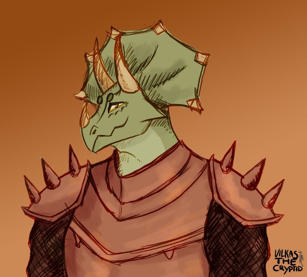 Warm hue, sketchy triceratops dragonborn design in armour