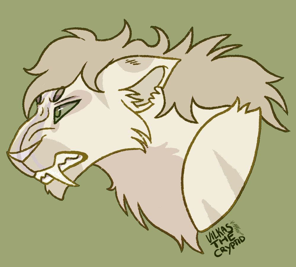 Bust of a sandy lion with saber teeth and olive green eyes