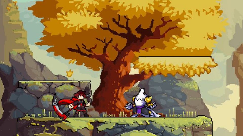 Ruby Rose in Rivals of Aether on a stage with a golden tree and Iroh in reference to RWBY volume 9 