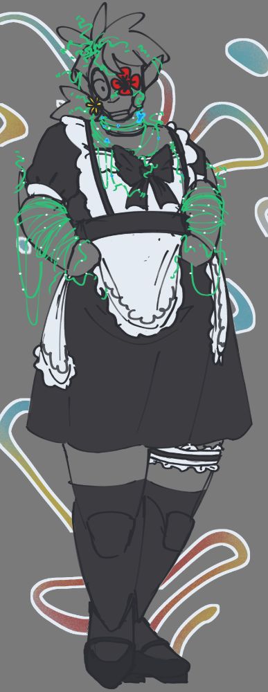 an image of VITTA - a robot - wearing a maid dress. her arms and neck are covered in vines, with white flowers blooming in both places and orchids blooming on the vines around and on her neck. she has a yellow dandelion in her right cheek [ our left ] and a red poppy in her left eye [ our right ]. her hair is tied up in a small ponytail.

they are lifting their skirt slightly and looking down at their dress in awe of it. the dress is black with white, frilled accents and an apron with black patterning at the bottom. there is a large black bow in the center of their chest. the sleeves reach their elbows. they're wearing a garter on their left leg [ our right ], black, see-through stockings, and black mary-janes.

the background is grey with a blue, red, and yellow twisting swirl. it has a white outline.