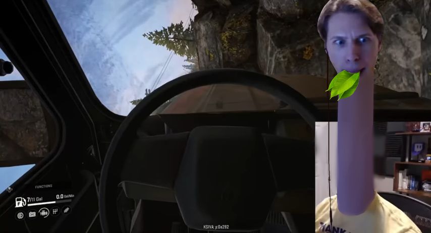an image of jerma to be edited to have a really long neck and eating leaves like some sort of dinosaur. he is playing some sort of car game. the car is on its side.

jerma's expression is sort of indiscernible to me. he's sort of surprised or scared. i don't really know. 