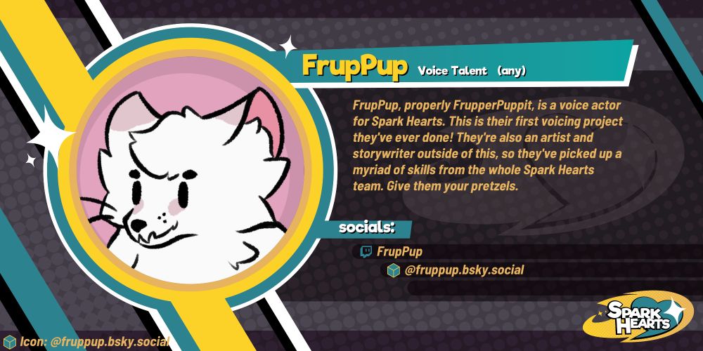 Team reveal for Frup. Socials: FrupPup (Twitch), fruppup.bsky.social (Bluesky)