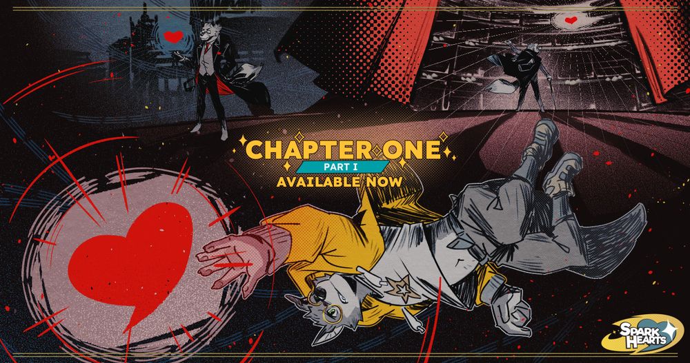 Teaser image for Spark Hearts Chapter 1, Part. Maru reaches out for a heart. Behind him is a stage with red curtains. Between is Mansor. To the upper left is Ransom who holds out a heart. Behind him is a silhouette of the university.
