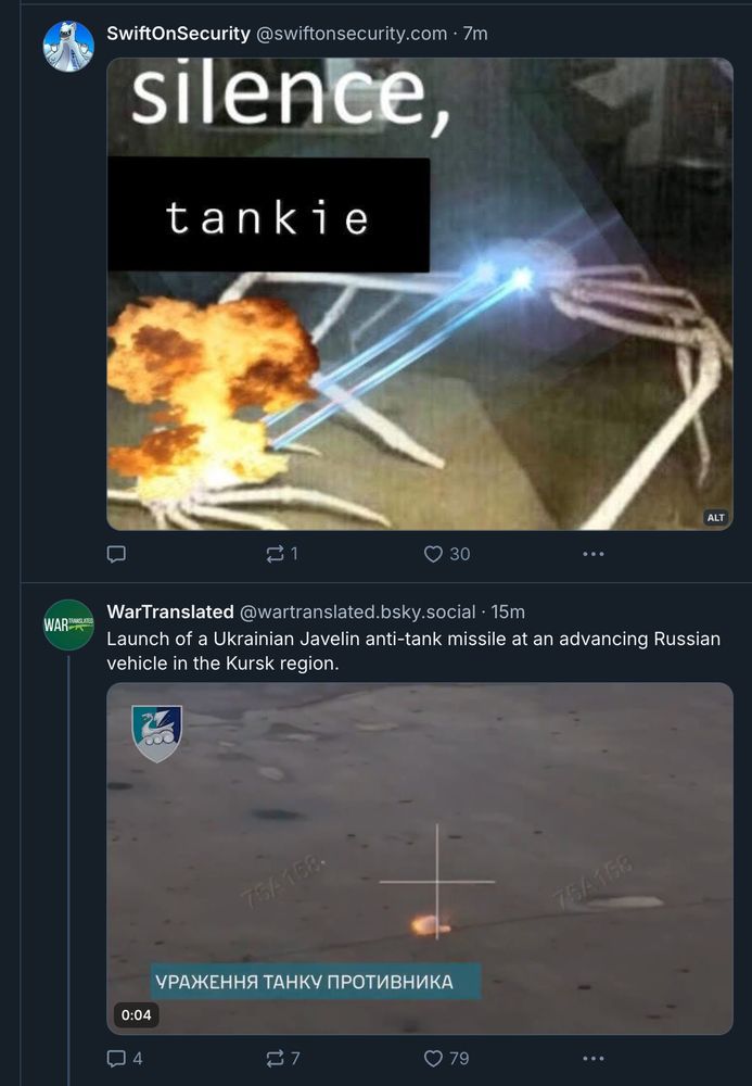 screenshot of @SwiftOnSecurity.com's "Silence, tankie" meme; rendered right above a post by @wartranslated.bsky.social's video of a Ukrainian Javelin anti-tank missle destroying a Russian tank.