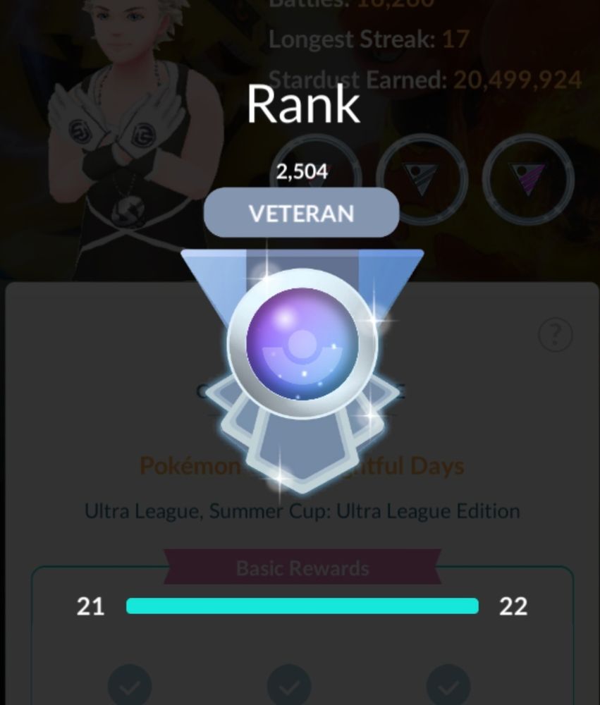 Pokémon Go screenshot of me reaching veteran in gbl