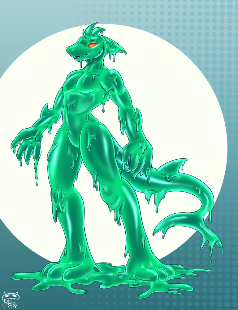 Eos standing upright, a green slime in the shape of a shark, bright orange glowing eyes, very ooey gooey and drippy.
