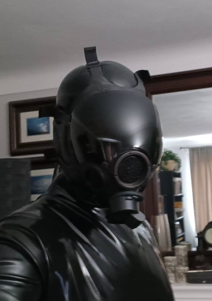 photo of someone wearing an MSA millenium gas mask, a hood, and a catsuit. Their gender will never recover from this.