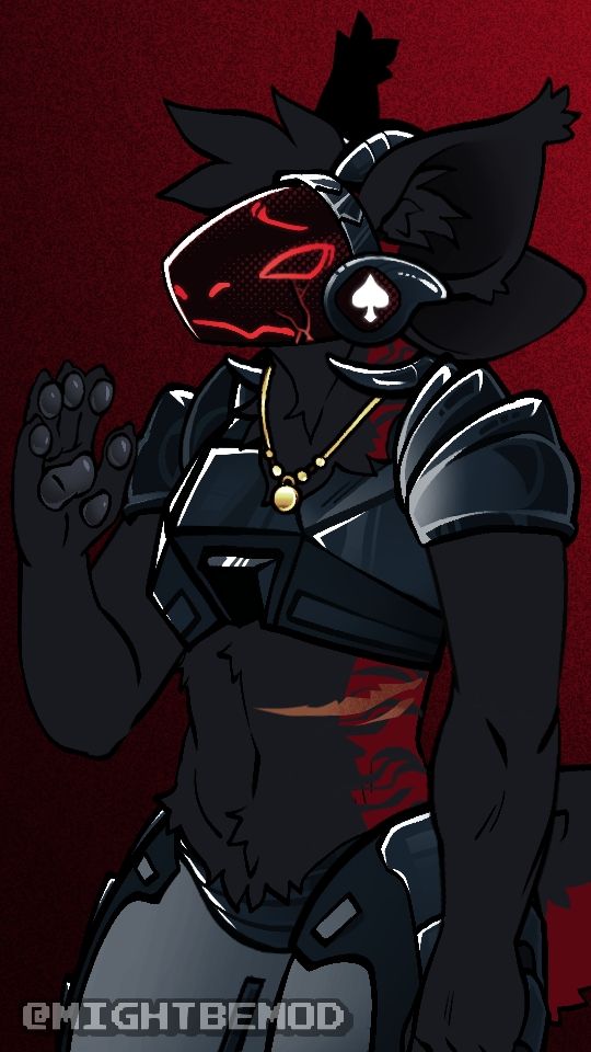 A black iron armoured protogen, who used to be called Aura (new name still being made). His visor is cracked on the chin, and his previously white facial details are now white. His armour is less smooth and more angular now, and his fur is darker. The purple details are now red. He has horns from his head going around his ears and pointing forward. He has a scar on his left rib. He is now wearing a golden pendant. 