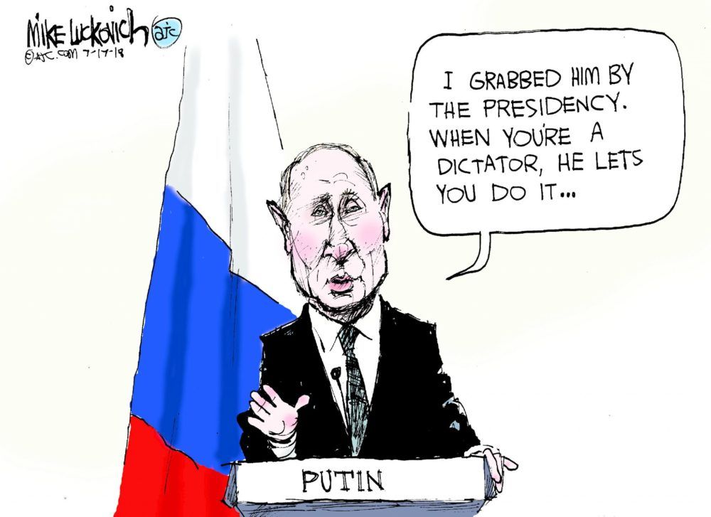 Political cartoon depicting Vladimir Putin standing at a podium labeled 