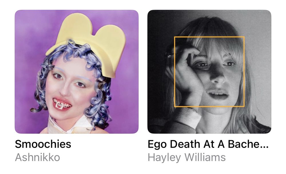 An Apple Music screenshot showing Ashnikko’s Smoochies album on the left and Hayley William’s Ego Death at a Bachelorette Party