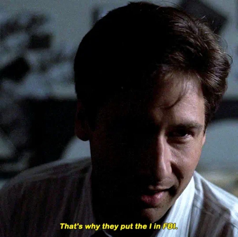 A man wearing a dress shirt, Fox Mulder, leaning forward with the caption “That’s why they put the I in FBI.”