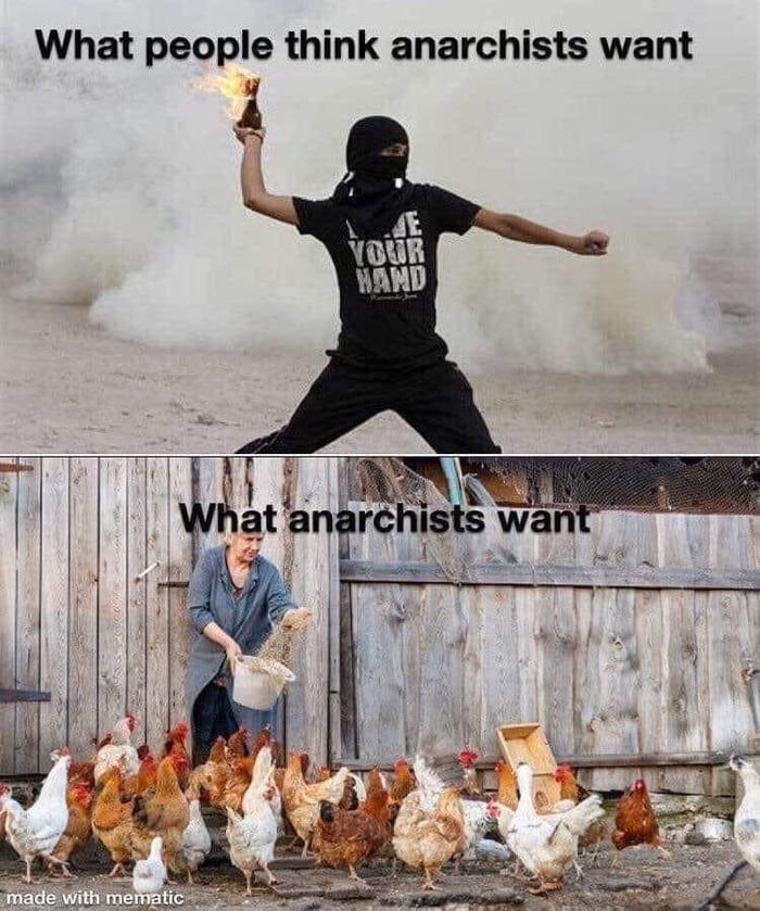 Top: caption reading “what people think anarchists want” and photo of a person in black clothing and mask throwing a Molotov cocktail

Bottom: caption reading “What anarchists want” and a photo of an older lady feeding chickens